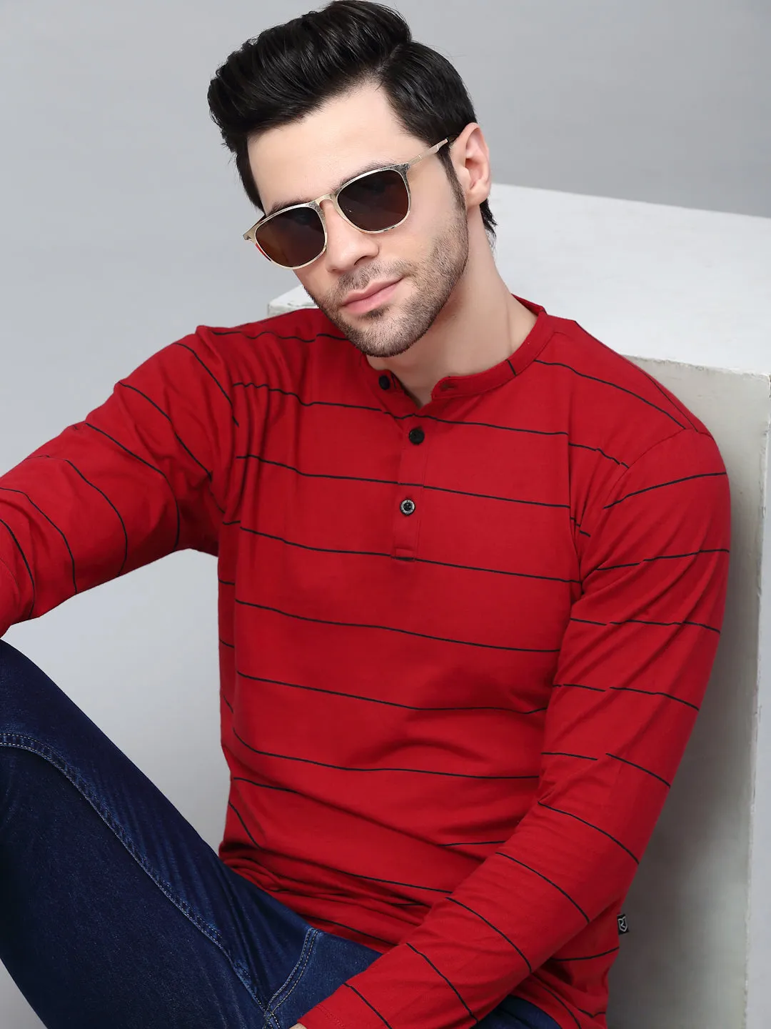 Striped Henley Neck Full Sleeve T-Shirt