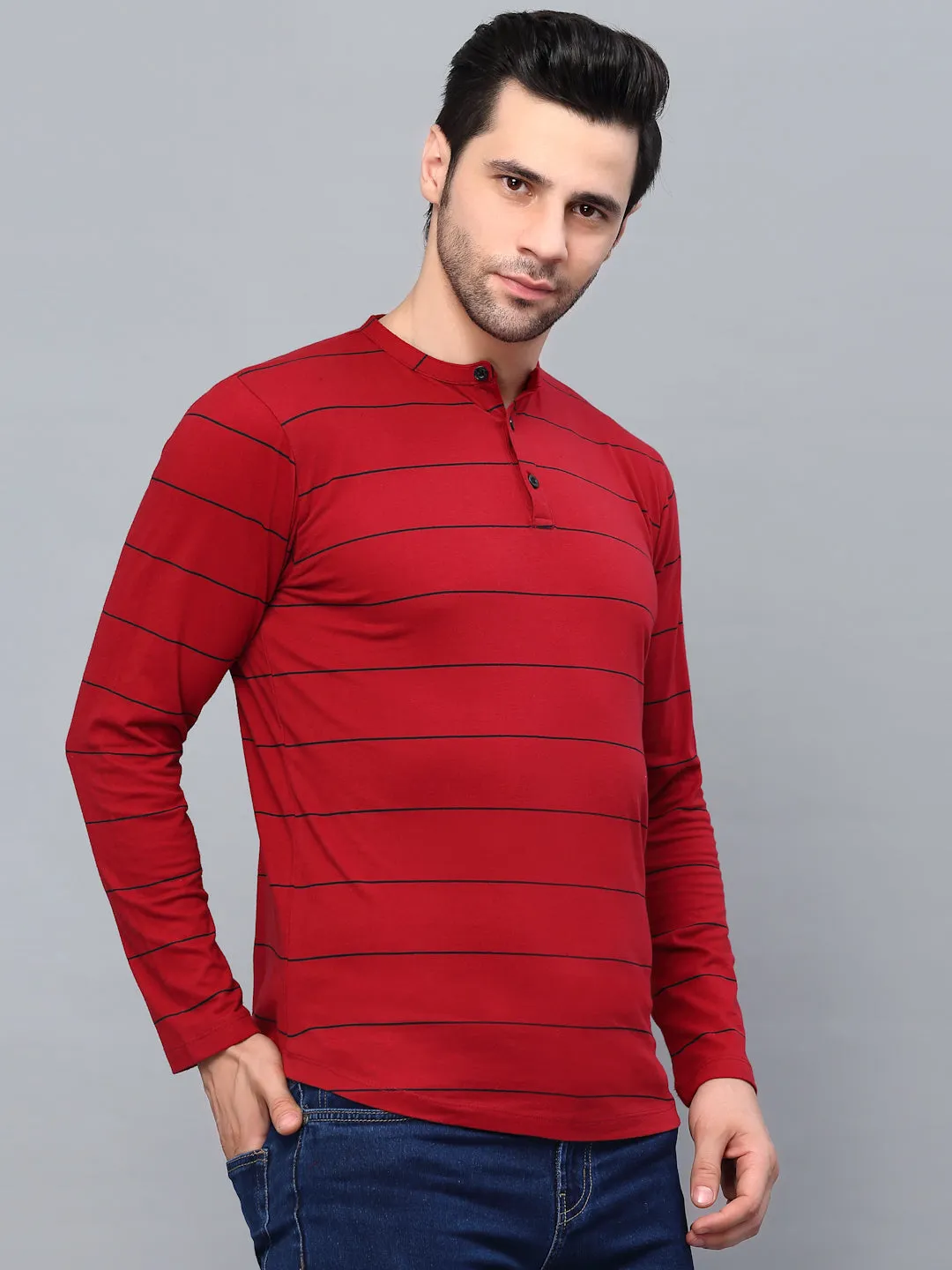 Striped Henley Neck Full Sleeve T-Shirt