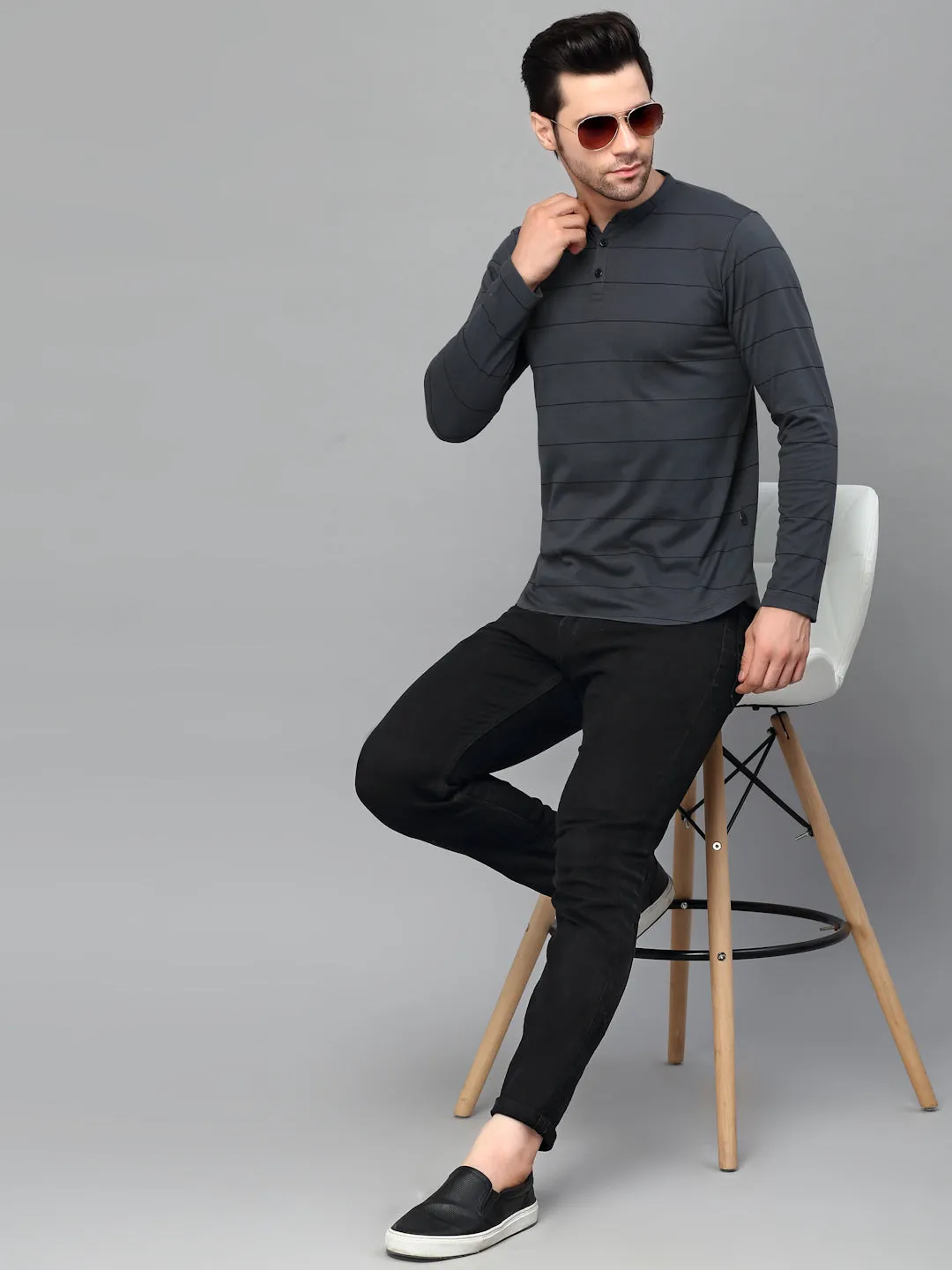 Striped Henley Neck Full Sleeve T-Shirt