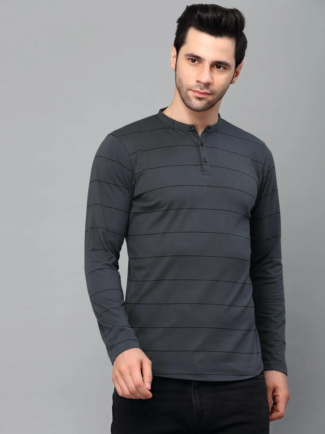 Striped Henley Neck Full Sleeve T-Shirt