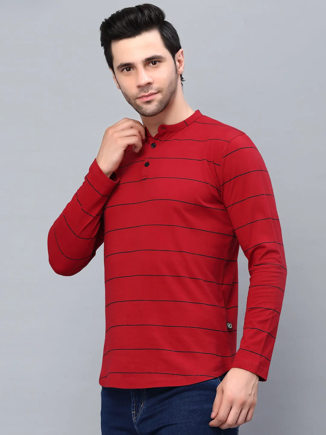 Striped Henley Neck Full Sleeve T-Shirt