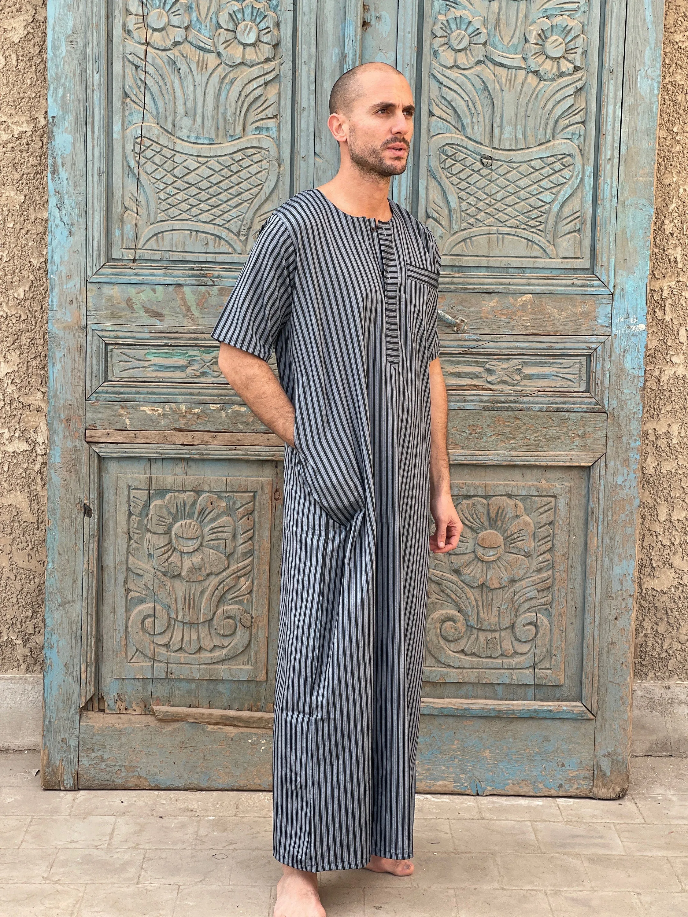 Striped Men's Kaftan, Short sleeve Men's kaftan, Cotton men caftan, caftans for men,  men clothing, gift for men, husband gift, gift for him