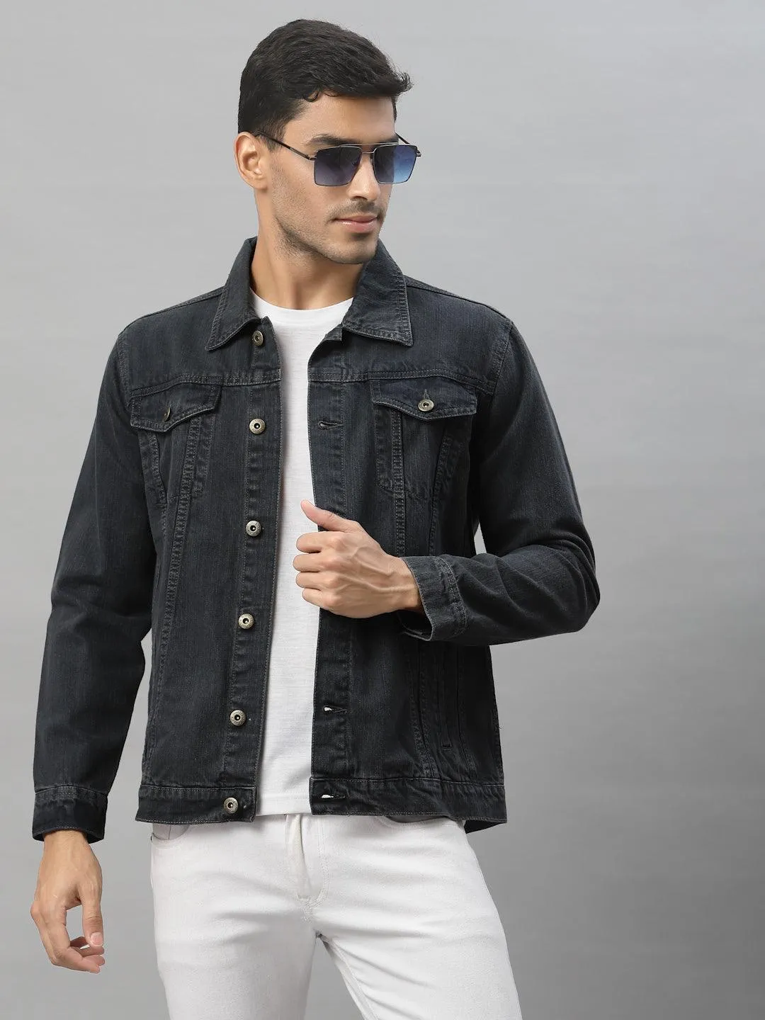 Style Quotient Men Grey Washed Lightweight Denim Jacket