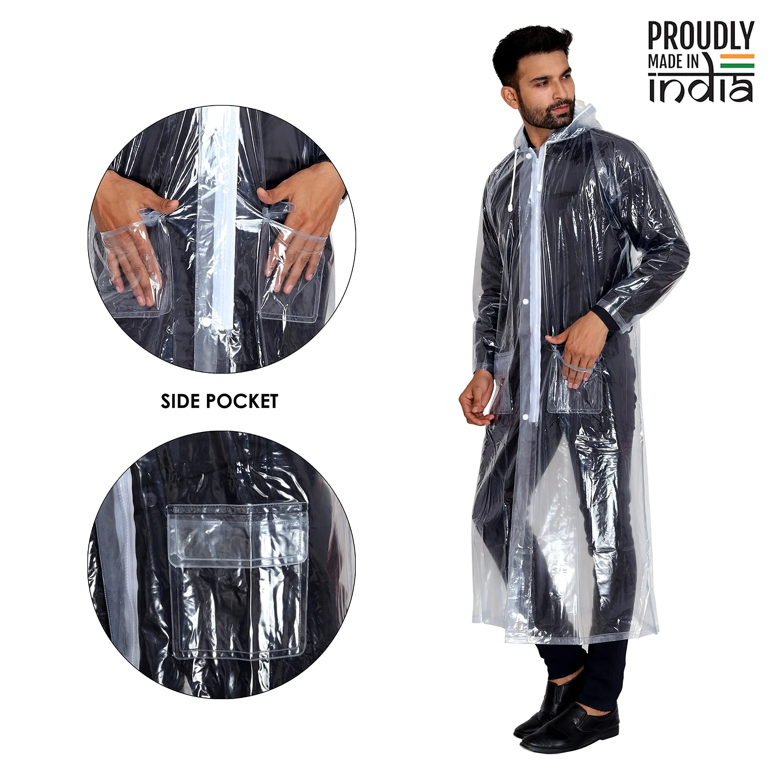 THE CLOWNFISH Brayton Series Waterproof PVC Long Coat/Raincoat with Adjustable Hood For Men (Transparent-Free Size)