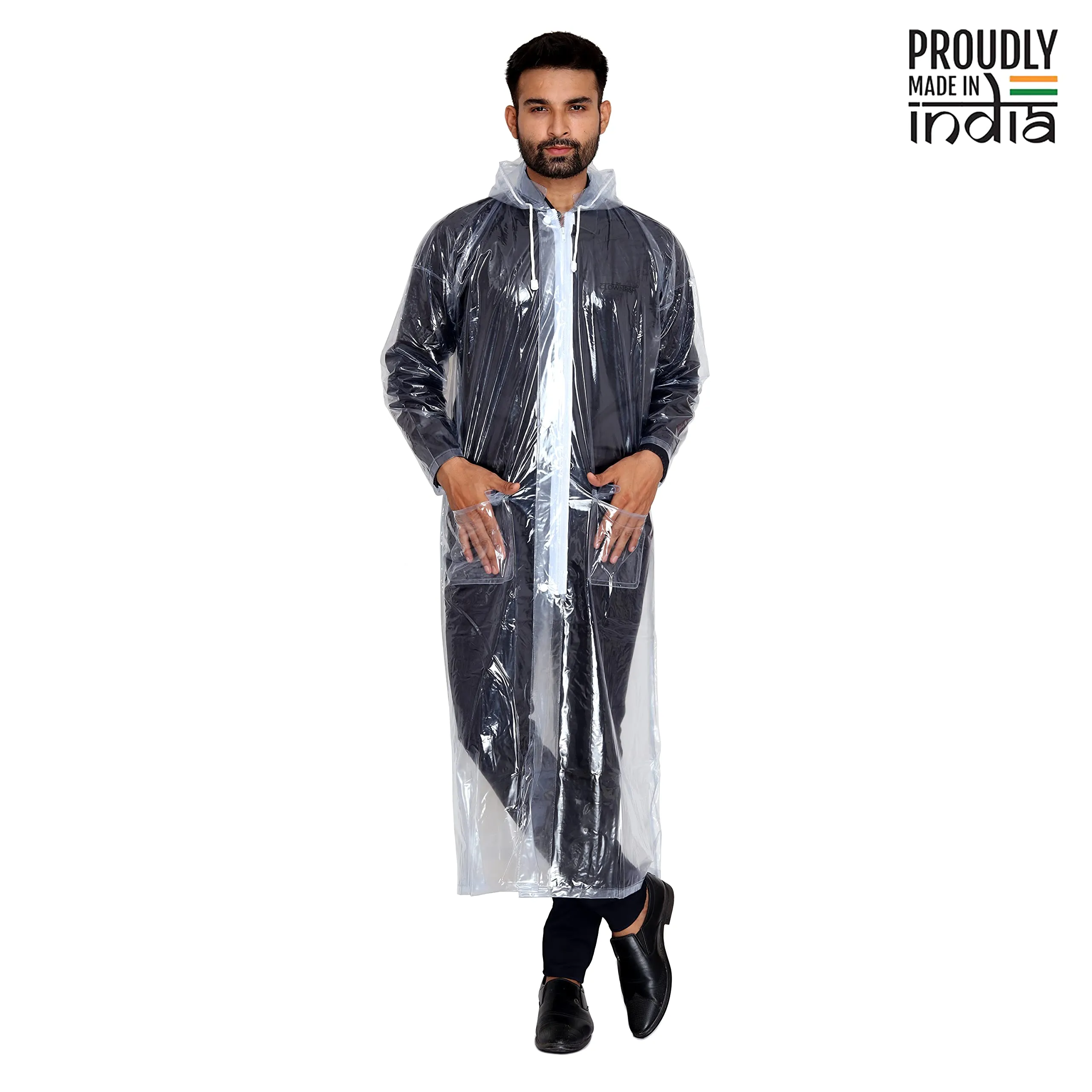 THE CLOWNFISH Brayton Series Waterproof PVC Long Coat/Raincoat with Adjustable Hood For Men (Transparent-Free Size)