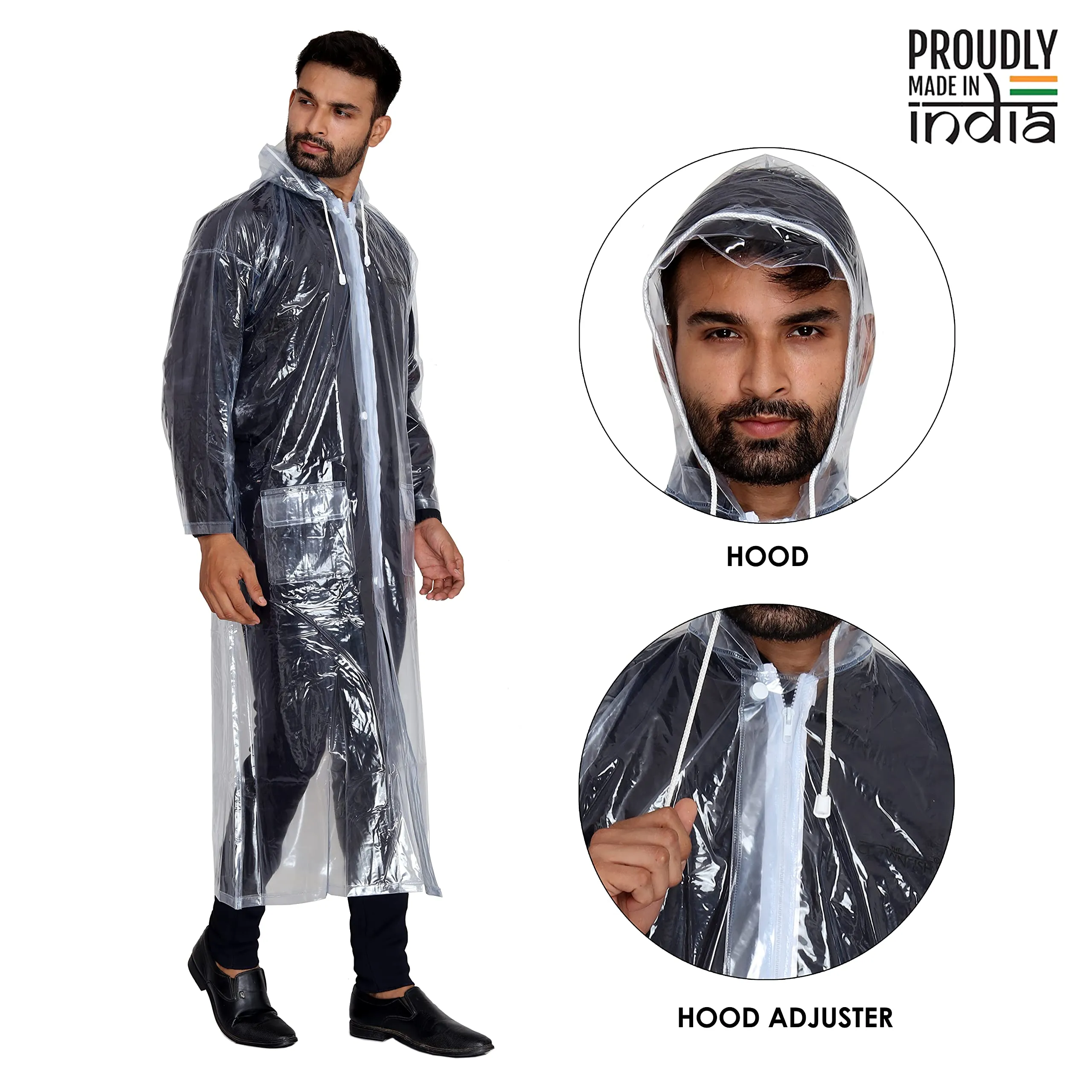 THE CLOWNFISH Brayton Series Waterproof PVC Long Coat/Raincoat with Adjustable Hood For Men (Transparent-Free Size)