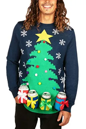 Tipsy Elves' Men's Christmas Tree with Beer Holsters Pullover - Funny Blue Ugly Christmas Sweater Size Small